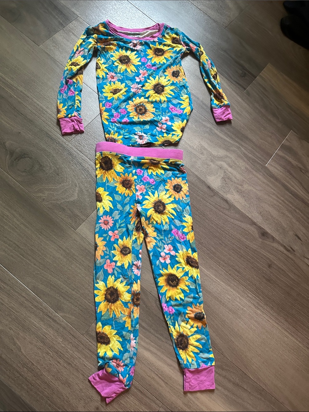 Little Sleepies Teal Sunflower Pajama Set with Pink Trim